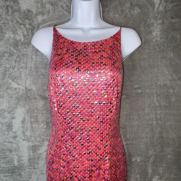 Vintage Cache Pink Sequin 90s Maxi Dress Sz 4 Y2K Fairy Mermaid Hoco Prom Event - Picture 2 of 12